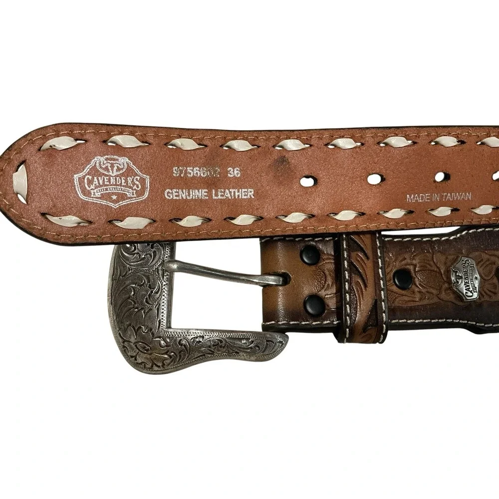 Vtg Cavender's Genuine Tooled Leather Western Belt Sz 36 Cowboy